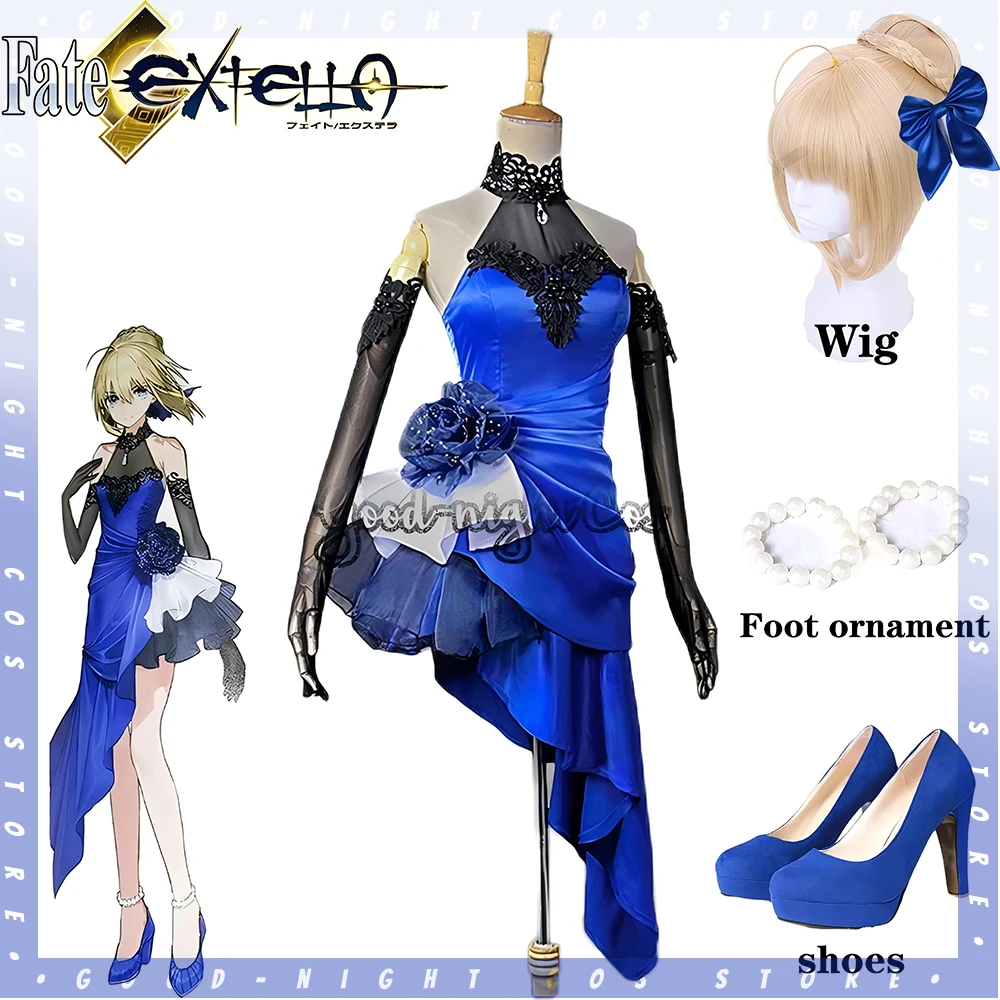 Game FGO Fate/Extella Saber Cosplay Costumes Wig Blue Dress Sexy Sleeveless Chest Formal skirt Halloween Party Role Play Uniform