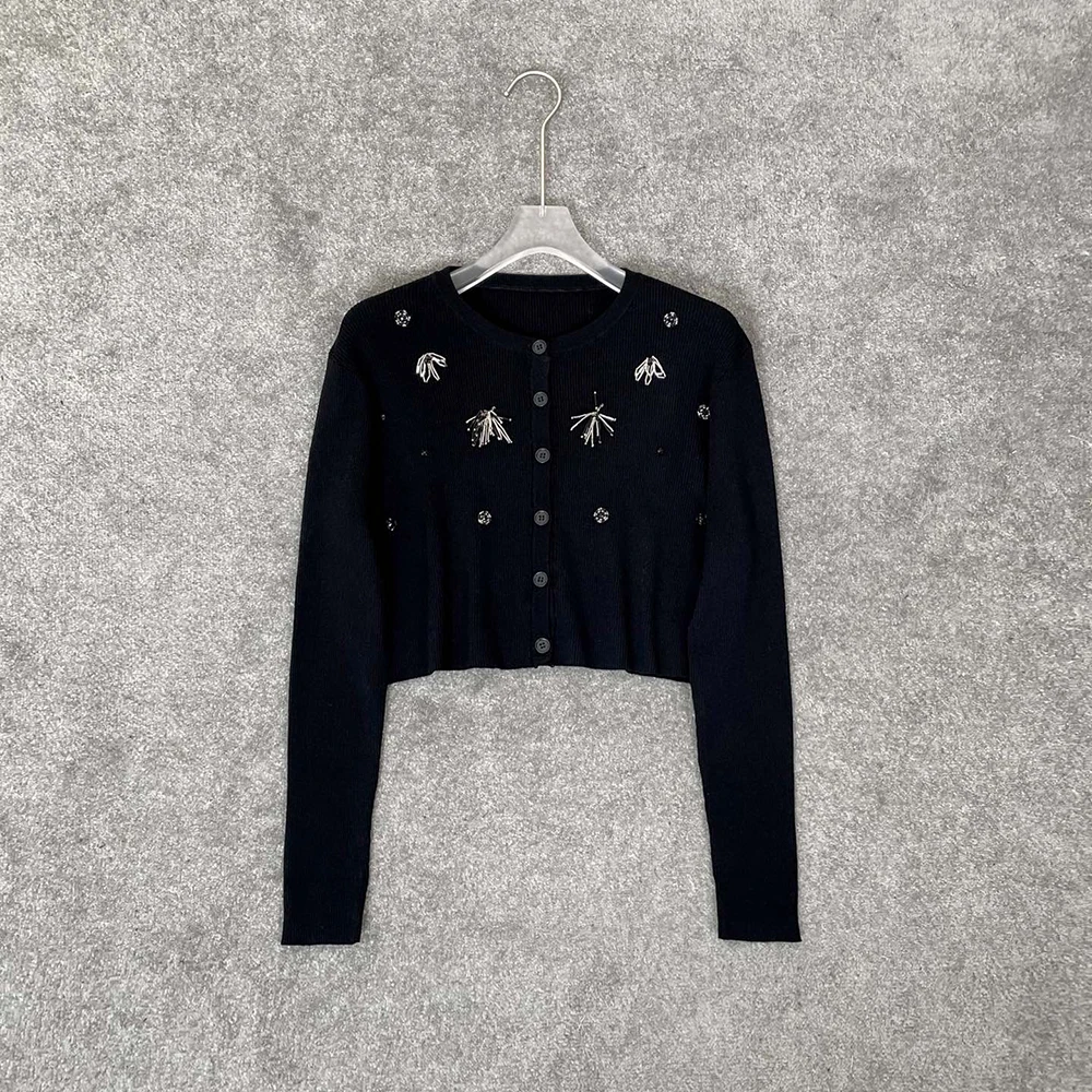 Handmade Beaded Decoration Women Cardigan Y2k Personalized Casual Single Breasted Long Sleeve Knitted Top Sweater 2024 Fall New