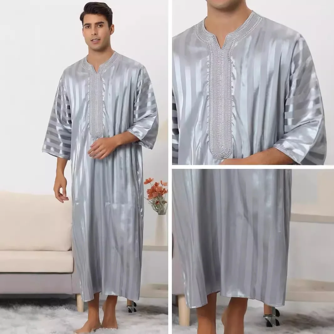 Jubah Bergaris Pakaian Dubai Maroko Baru 2024 dengan Bordir Arab Saudi di Lengan Tengah