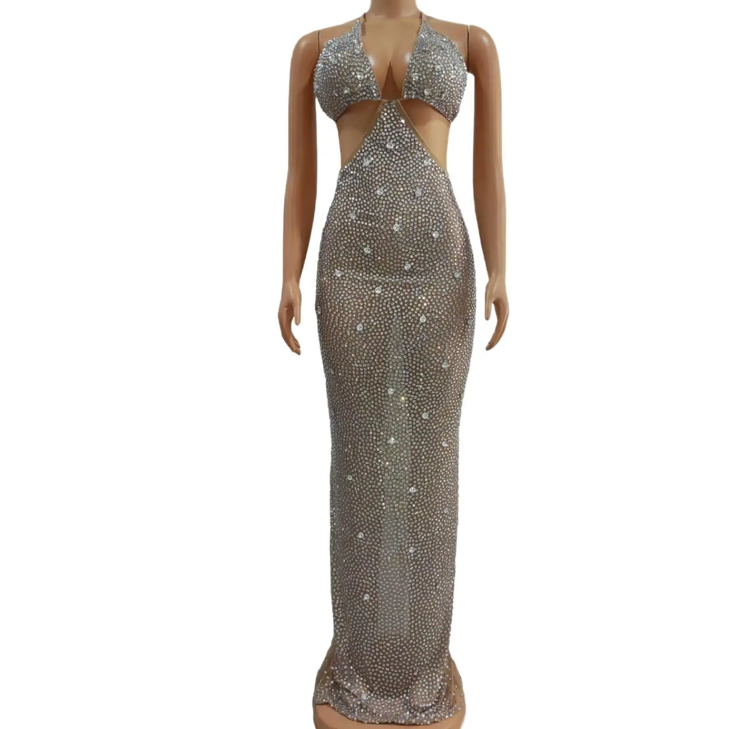

Shizuanbijinichangqun Luxury Nude Mesh Rhinestone Halter Neck Cutout Maxi Dress for Women Formal Prom Gala Evening Party