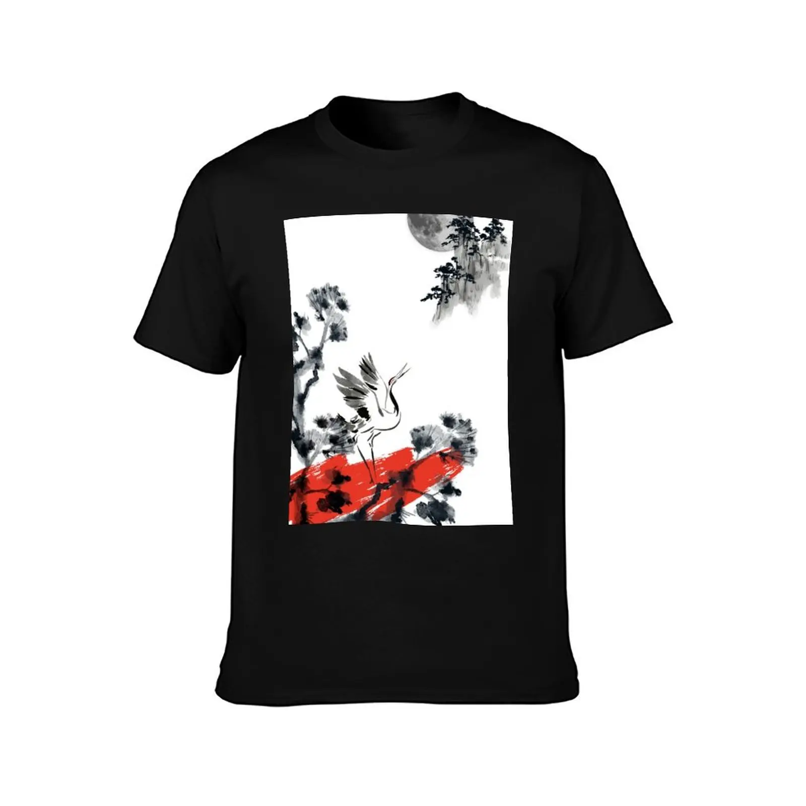 Traditional oriental ink painting cranes flying T-Shirt Summer Casual Cotton Tee Oversized Streetwear Tops Unisex Men Women