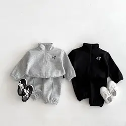 2024 Winter New Children Plus Velvet Warm Set Letter Print Boys Girls Fleece Sweatshirt + Pants 2pcs Suit Kids Casual Outfits