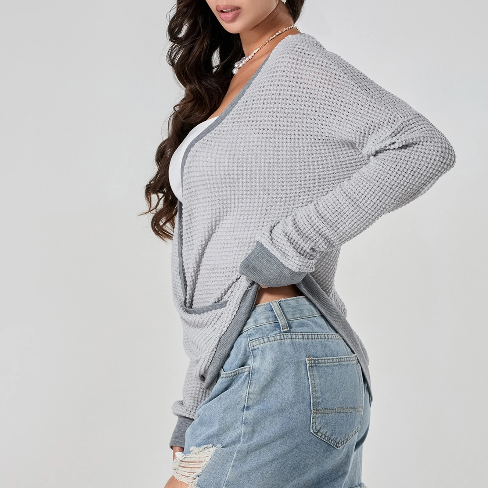 Women's Spring Fall Loose Knit Tops Long Sleeves Wrap V-Neck Contrast Color Simple Casual T-Shirt