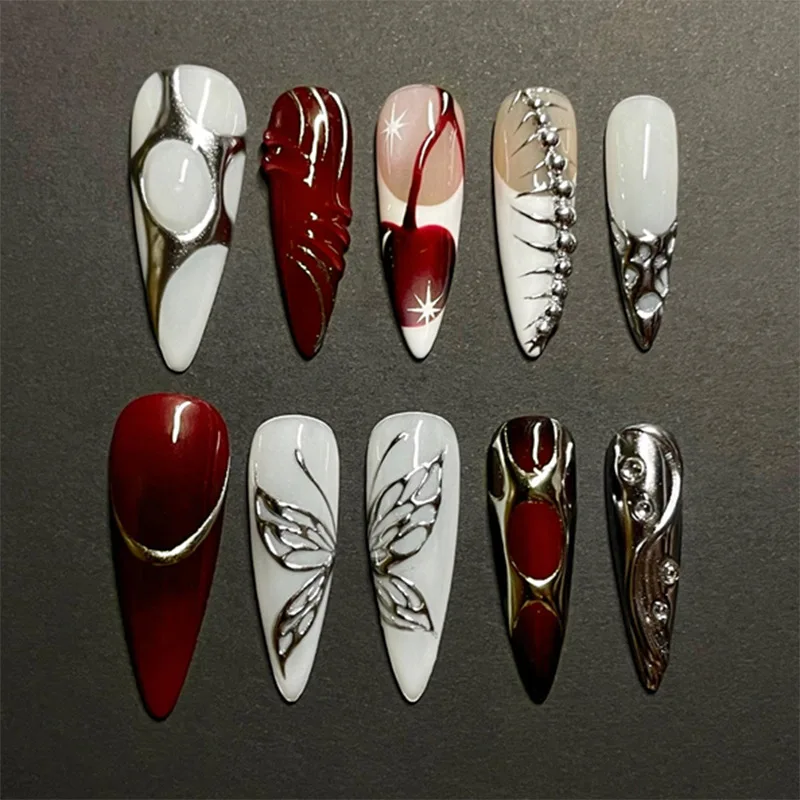 

24Pcs Long French Stiletto False Nails with Cool Metal Design Press on Nails Butterfly Pattern Wearable Full Cover Fake Nail Tip