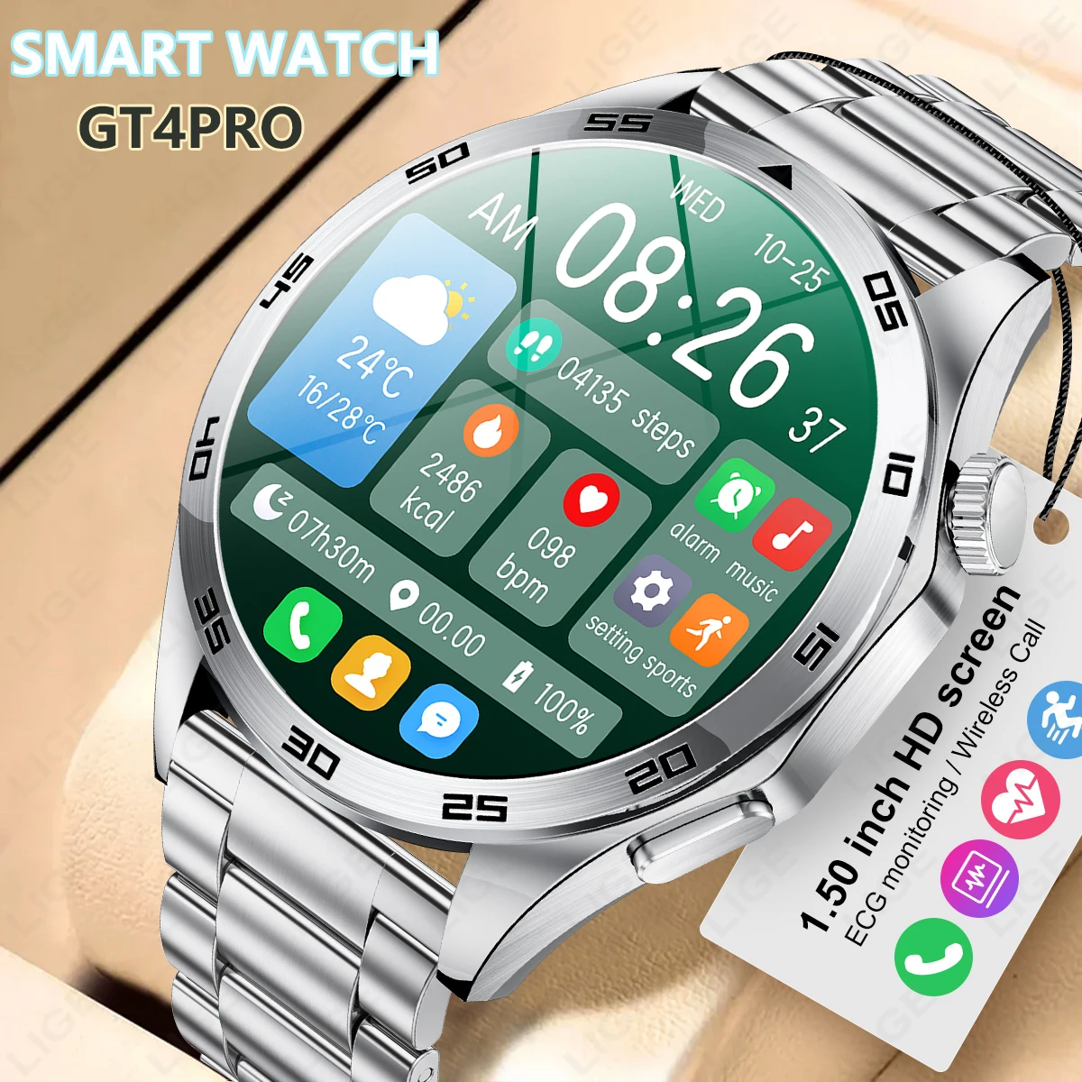 

LIGE GT4 Pro Men's Smartwatch Bluetooth Call ECG Health Monitor 1.50 inch Screen IP67 Waterproof Music Outdoor Sport Smart Watch