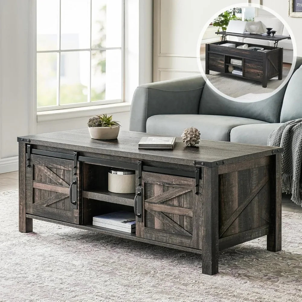 

Coffee Table with Sliding Barn Door with Hidden Storage Compartment, Lifting Tabletop and Adjustable Shelf, Coffee Table