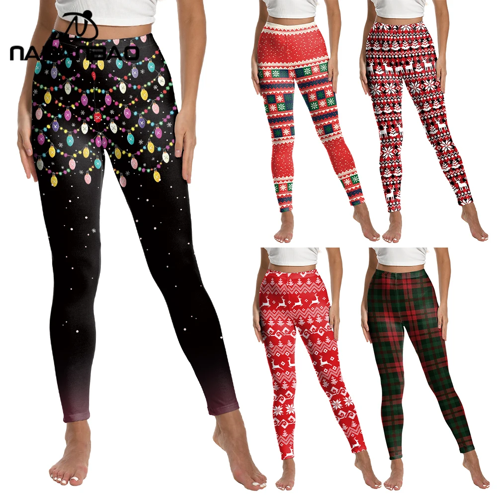 Nadanbao Women Chritsmas Colored Lights Snowflakes Plaid Leggings Waist Stretchy Ugly Xmas Pattern Casual Pants Holiday Party