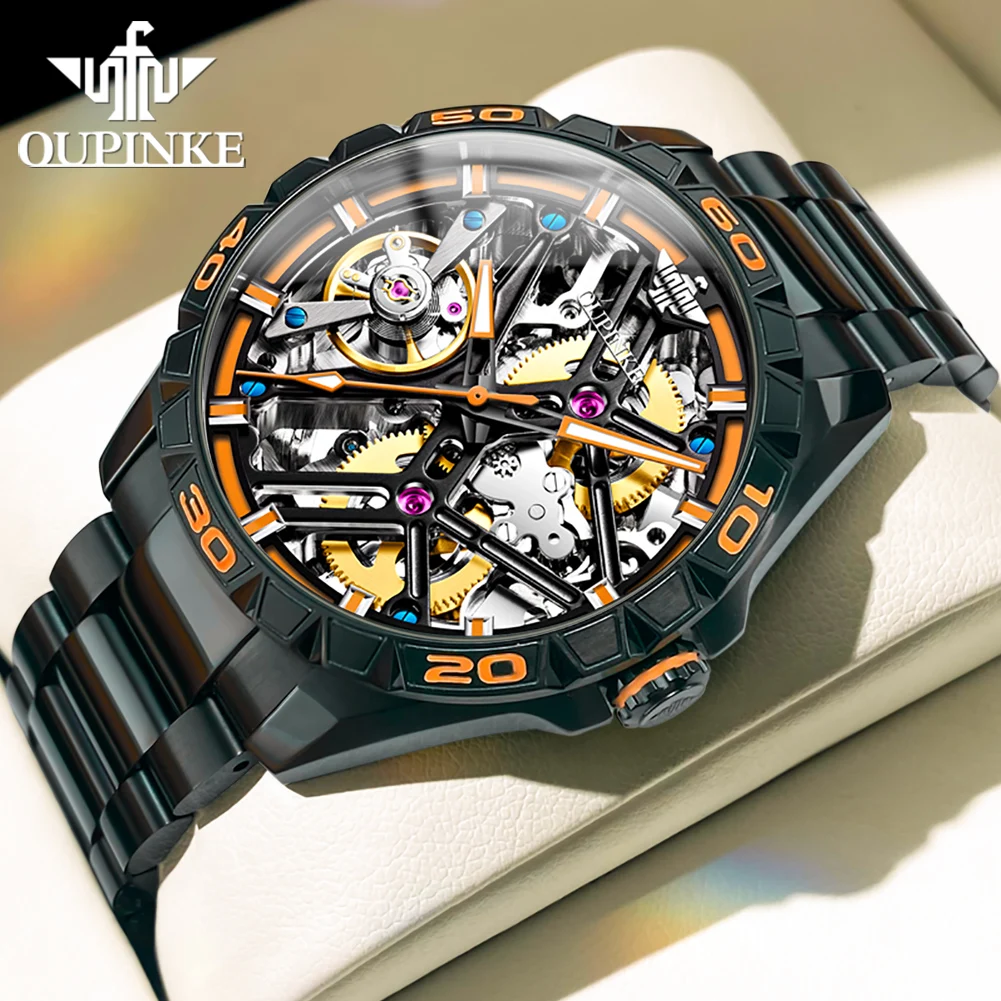 OUPINKE 3196 Men's Wristwatches Skeleton Black Stainless steel 50M Waterproof Orange Luminous Automatic Mechanical Watch