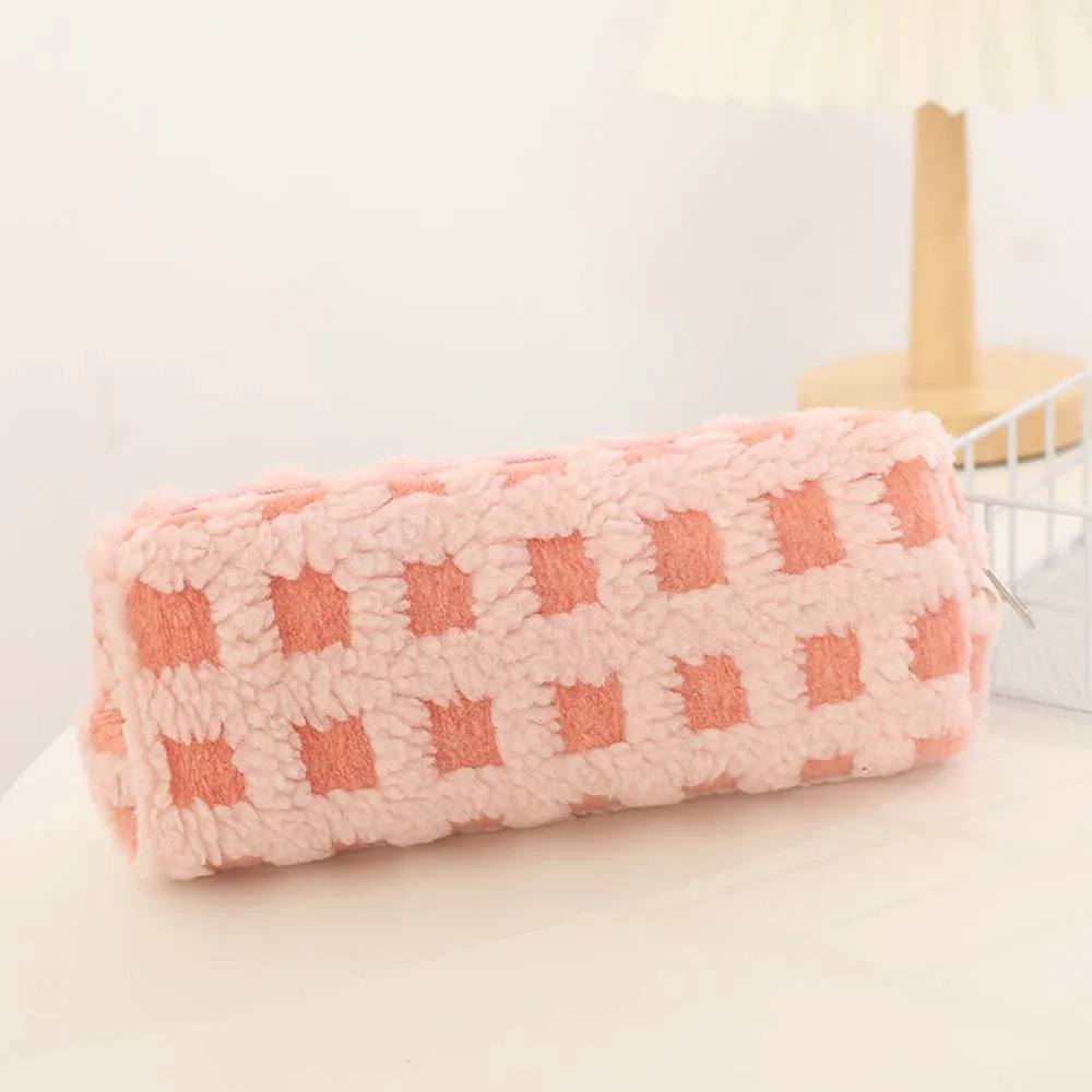 Large Capacity Plush Pencil Case Khaki/Pink/Yellow/Blue/Red Waffle Grid Pattern Stationery Bag Soft Stuffed INS Plush Pen Bag