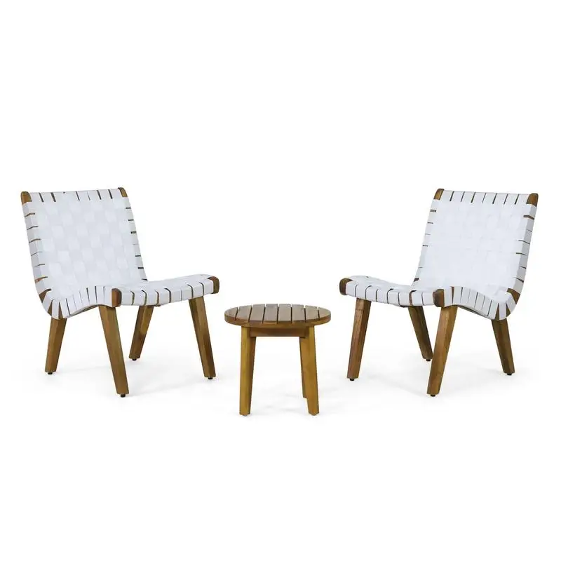 Outdoor Acacia Wood & Rope Weave 3-Piece Chat Set, White & Teak Finish