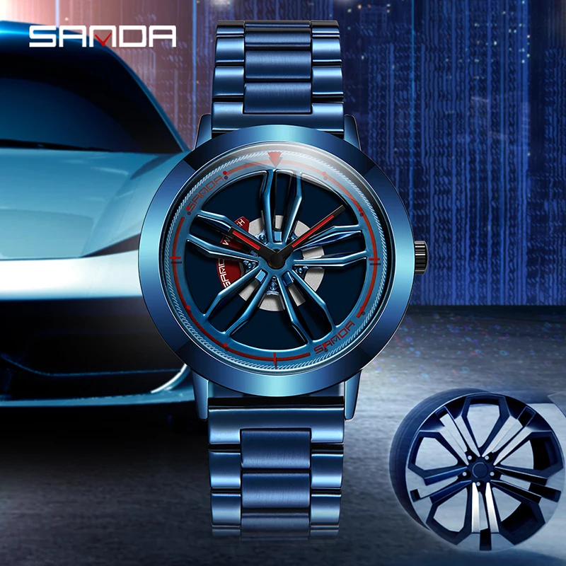 SANDA P1009 Rotation Rim Hub Sports Car Men Watches Waterproof Stainless Steel Wheel Quartz Wristwatch Male Relogio Masculino