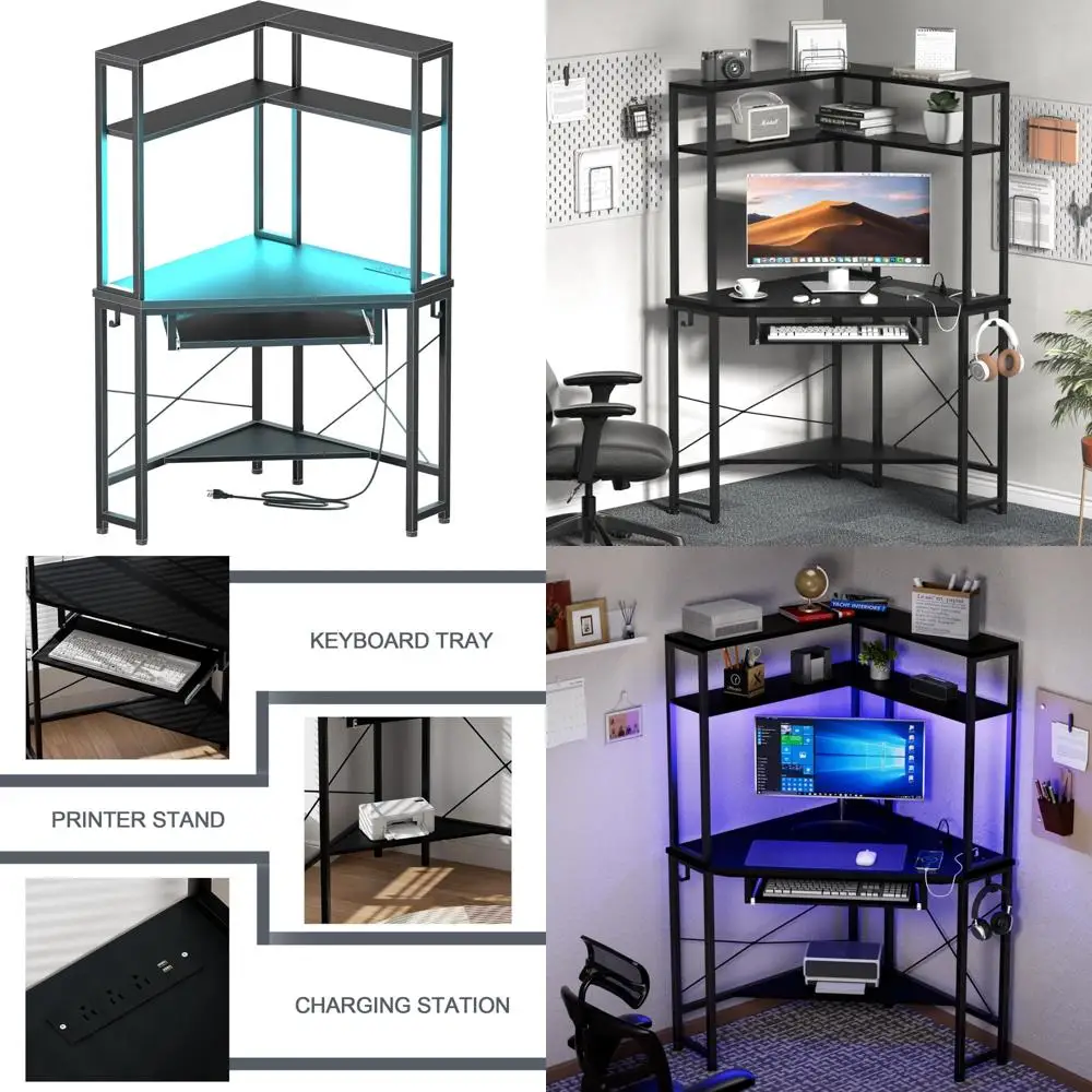 

LED-lit Corner Desk with Hutch, Keyboard Tray, and Monitor Stand for Compact Spaces