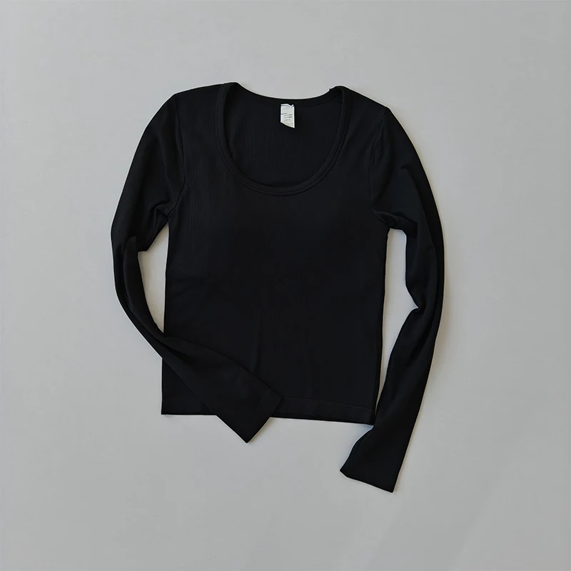 Yoga-Bekleidung T-Shirt Damen U-Ausschnitt Brustpolster Schlankmachendes Sport-Top Langärmeliges Stretch-Oberteil Pilates Fitness-Bekleidung – Detail 8