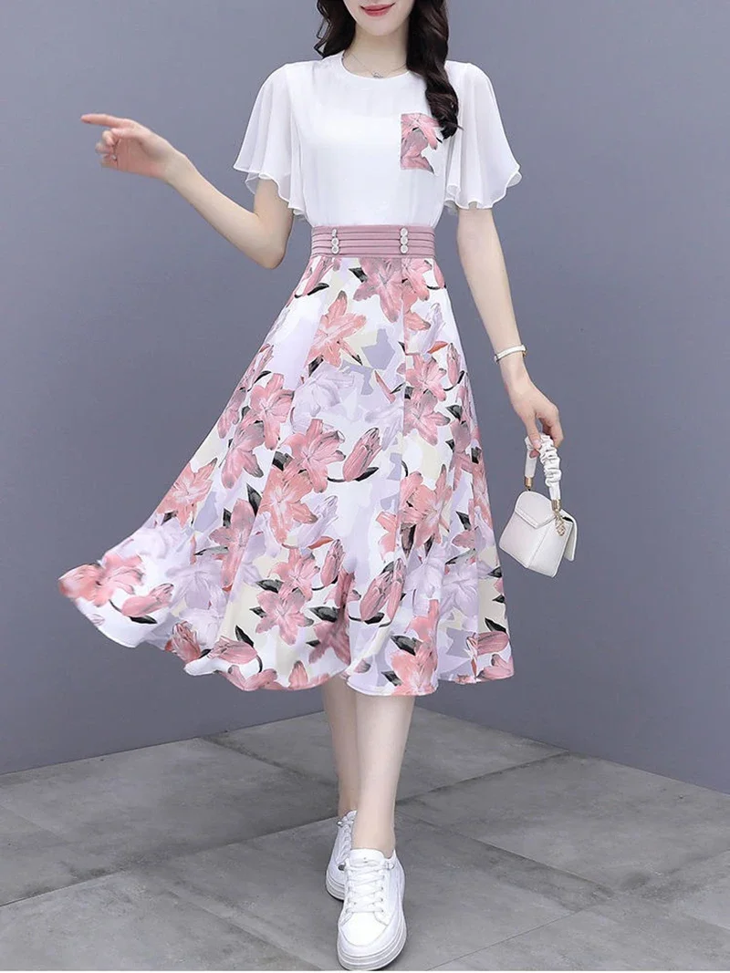 Women's Suits Summer 2024 New Fashion Casual Slim Temperament Floral T-shirts Skirts Female Two Piece Sets