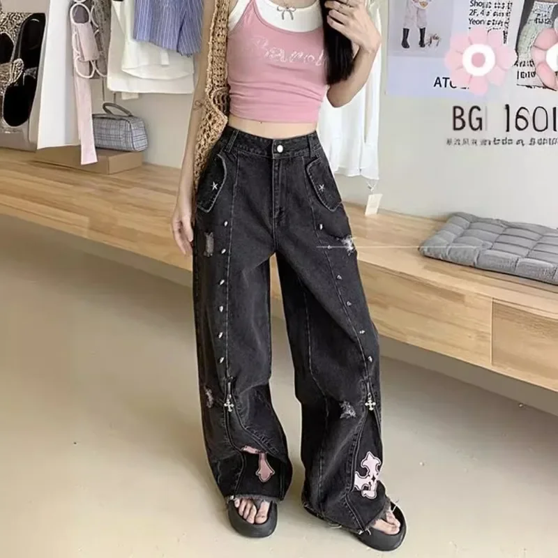 Women's Black Gothic Jeans,Oversized Denim Trousers, Vintage Harajuku Korean Emo, Trashy Jean Pants, 90s Aesthetic Y2K Clothing,