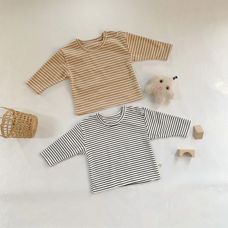 

2024 Autumn New Baby Long Sleeve Cotton T Shirts Boys Girls Striped Bottoming Shirt Infant Versatile Casual Pullover Tops 0-24M