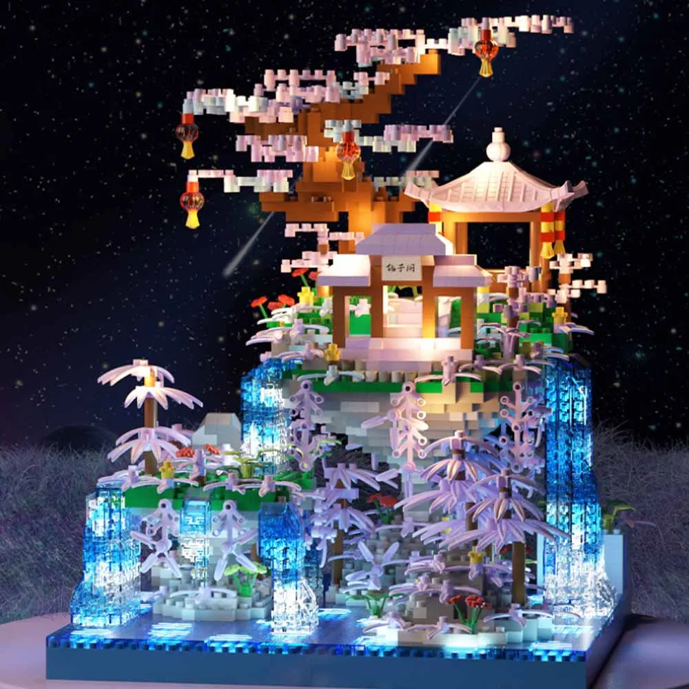 MOC forêt lacs arbre château maison blocs de construction ensemble cascade avec lumière bricolage jouets pour enfants anniversaire vacances cadeaux spéciaux