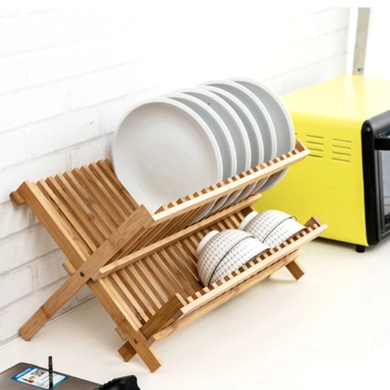 Bamboo Dish Rack,2 Tier Collapsible Dish Drying Rack,Kitchen Plate/Bowl/Cup/Pot Lid/Chopping Board Organizer