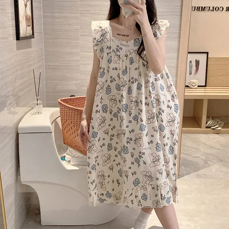 Plus Size Women Cartoon Nightgown with Chest Pad Korean Sweet Summer Suspender Loungewear Loose Pajamas Can Be Worn Outside