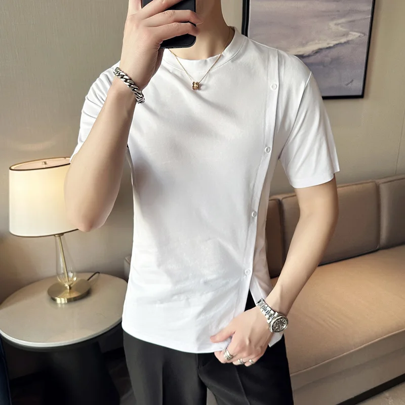 2023 Summer Button Decoration T-shirts Men Short Slleeve Slim Appear Thin O-neck Tee Tops Casual Streetwear T Shirt Men Clothing