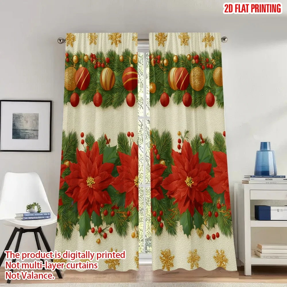 

2pcs 2D flat printing Happy Christmas Party Curtains Christmas Poinsettia Garland Ornaments Digital Printed Polyester Drapes