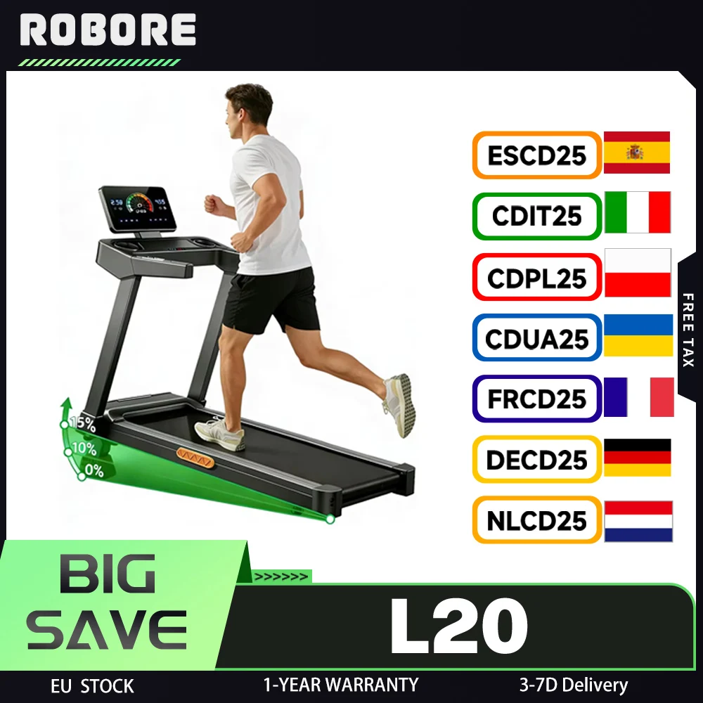 Tapis roulant ROBORE L20, moteur sans balais 3,5 HP, inclinaison réglable à 15 %, vitesse de 14 km/h, charge maximale de 180 kg, bande de course de 40×107 cm, LED