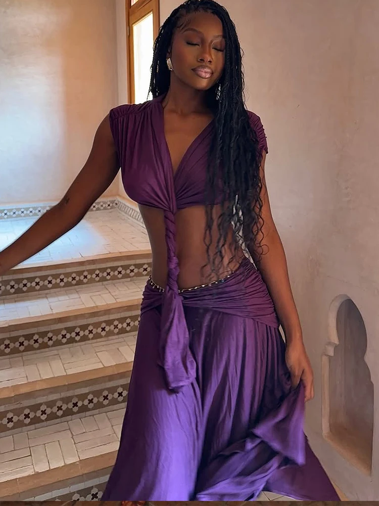 Whatiwear Backless Maxi Dress Woman Sexy Hollow Design Low-Neck Sleeveless Prom Party Waistless Ruched Midnight Elegant Vestidos