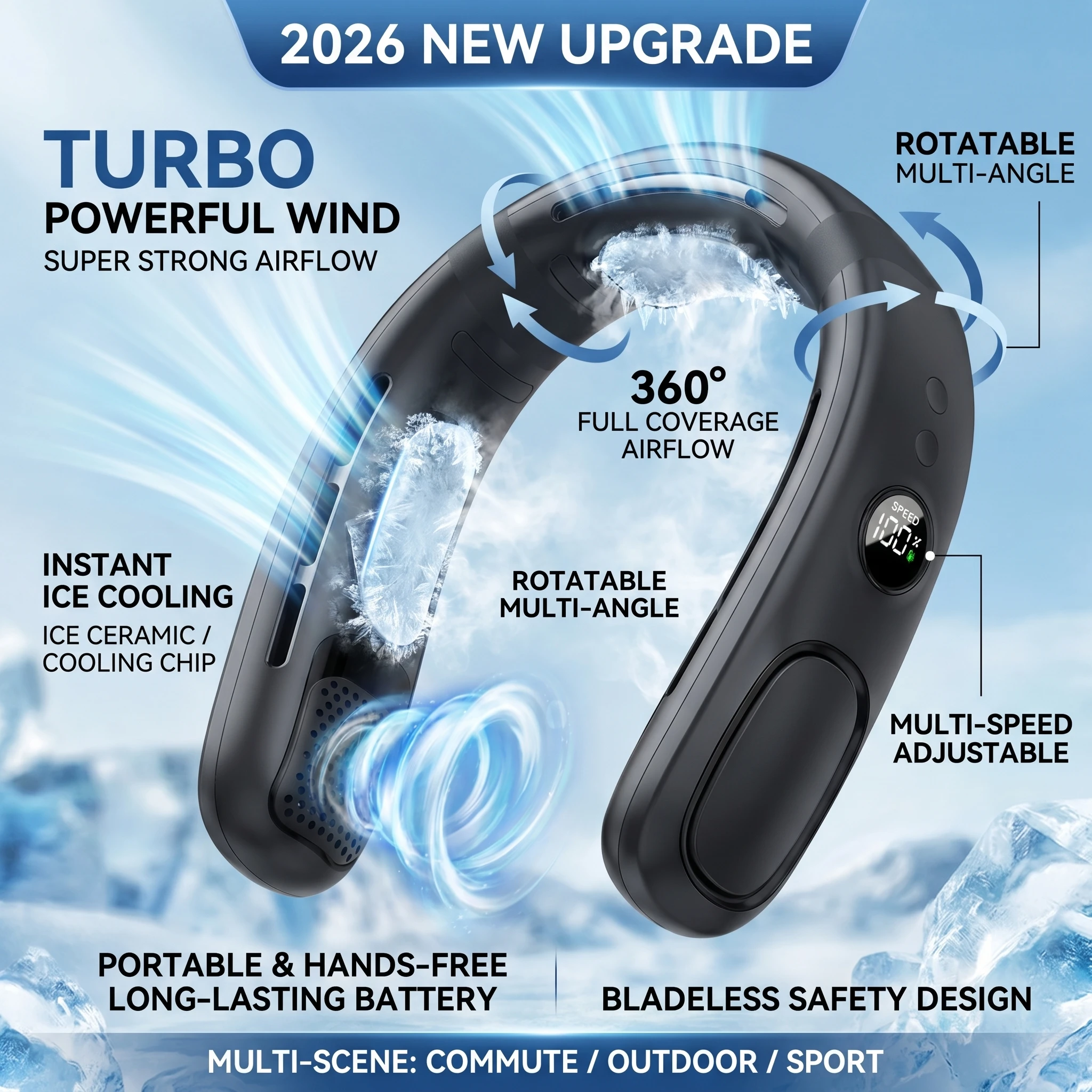 2026 New Upgrade Portable Neck Fan Mini Neck Cooler Bladeless Hanging Neck Fan 4000mAh USB Rechargeable Ice Cooling Fan With LED
