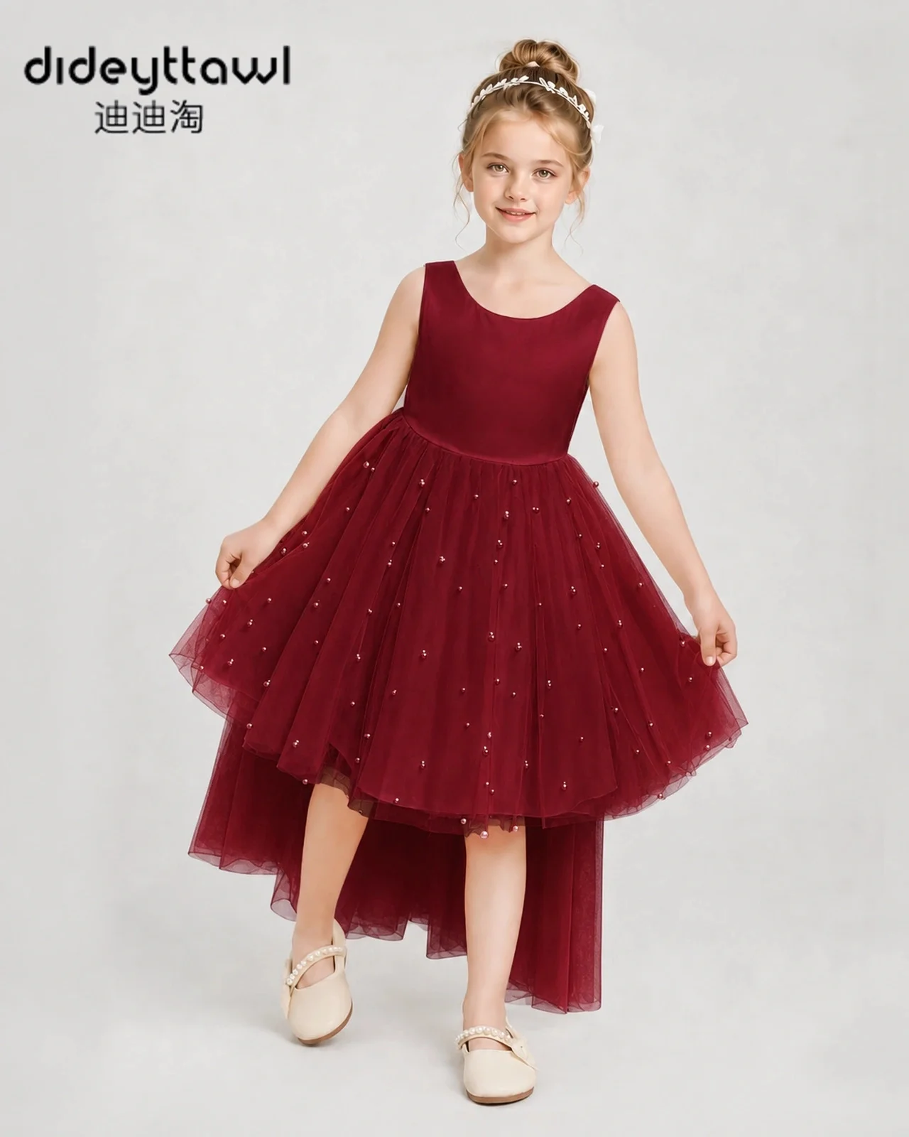 Dideyttawl Satin Pearls Beaded High Low Tulle Flower Girl Dress Multi Color Kids Sleeveless Bow Back Formal Gown for Birthday