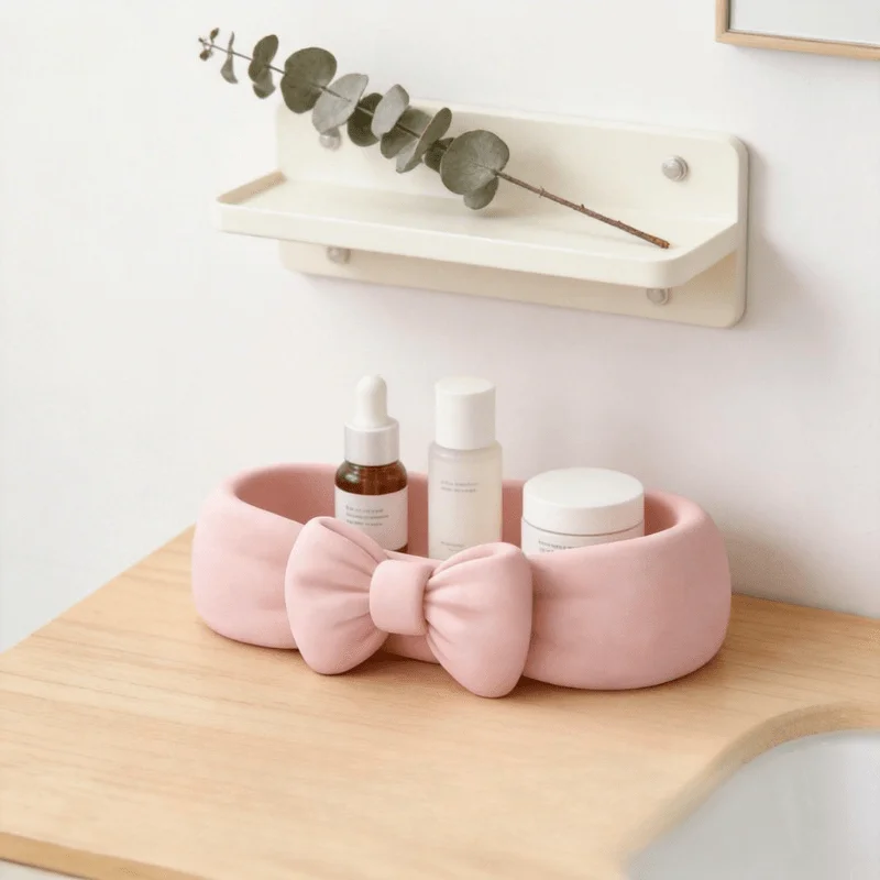 Cute Bow Shaped Makeup Organizer Tray, Soft Pink Decorative Dish for Skincare Bottles, Cosmetics & Bathroom Vanity Storage