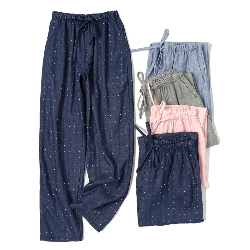 Pijama de gasa de algodón para hombre y mujer, pantalones largos de lunares, ropa de salón para dormir por la noche, novedad de primavera y otoño