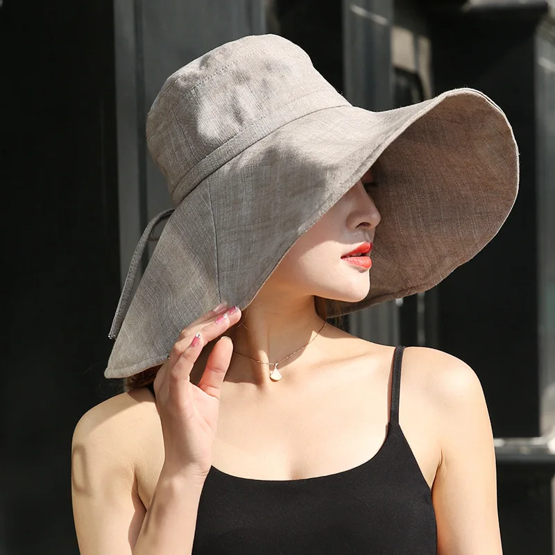 Summer 18cm Oversized Wide Brim Sun Hats Women Uv Protection UPF 50+ Sunshade Beach Hat Cotton Linen Foldable Bucket Hat Panama