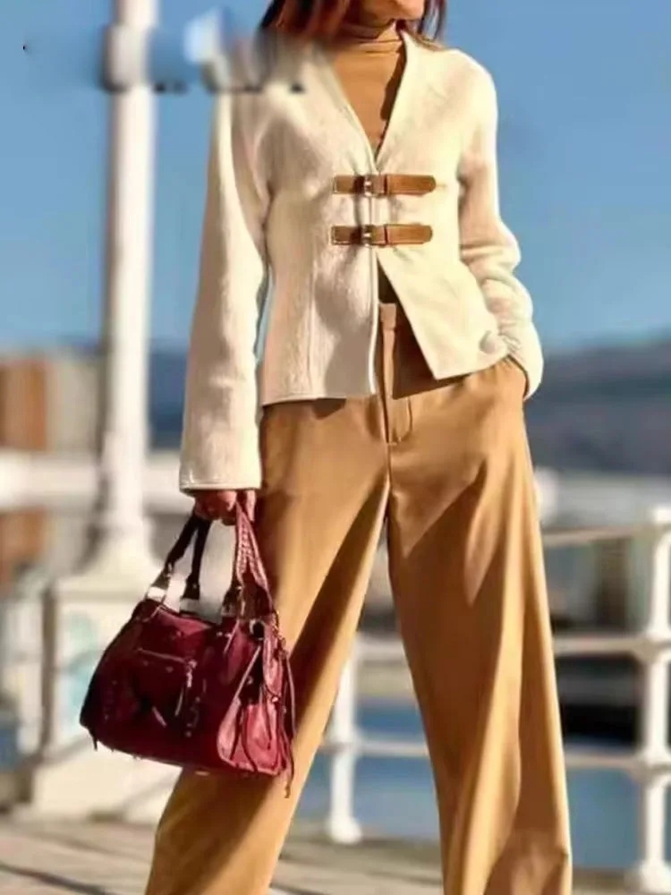 2024 Spring Woman\'s Fashion Casual Beige Cardigan Sweater Coat V-Neck Long Sleeves With Belt Knitted Crop Tops Streetwear