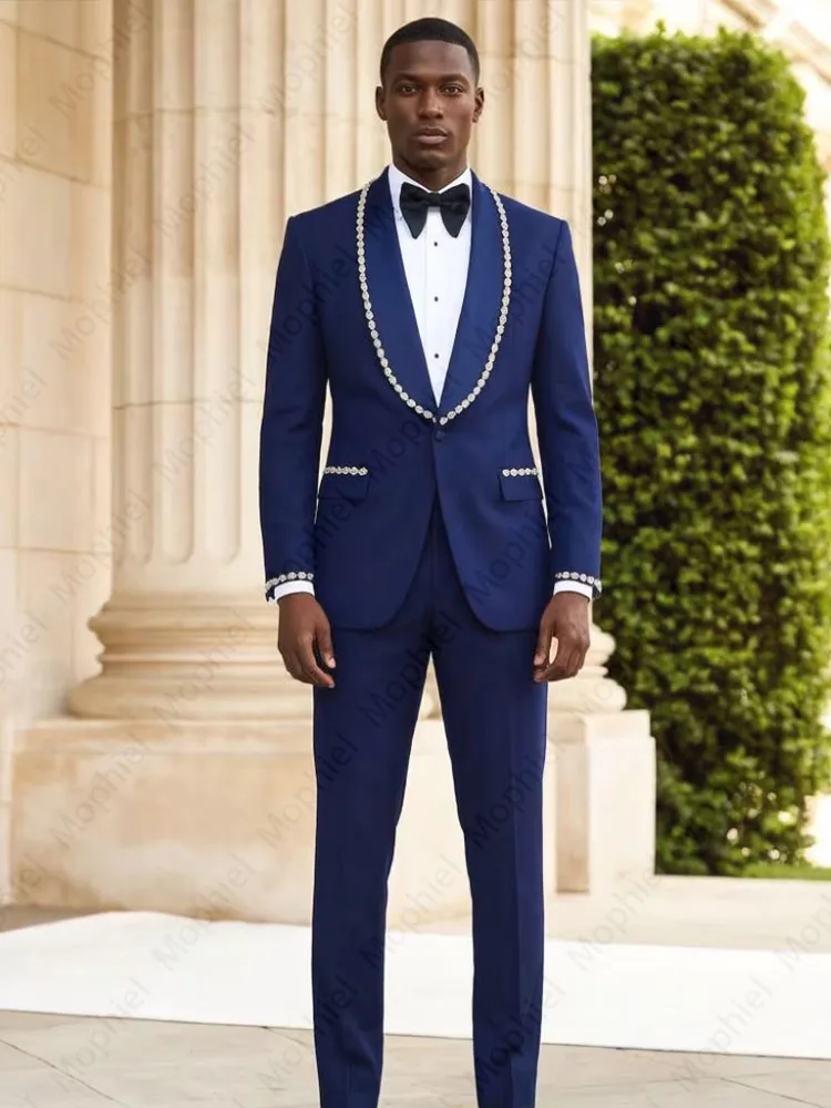 Groom Men's Suit Shawl Lapel 2 Piece Set Tuxedo for Men with One Button Beading Luxury Formal Prom Slim Outfit Blazer Customized