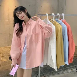 Pink White Yellow Blouse Female 2024 Spring Loose Pocket Long Sleeve Shirt Ladies Street Casual Loose Shirt Shirts Womens Tops