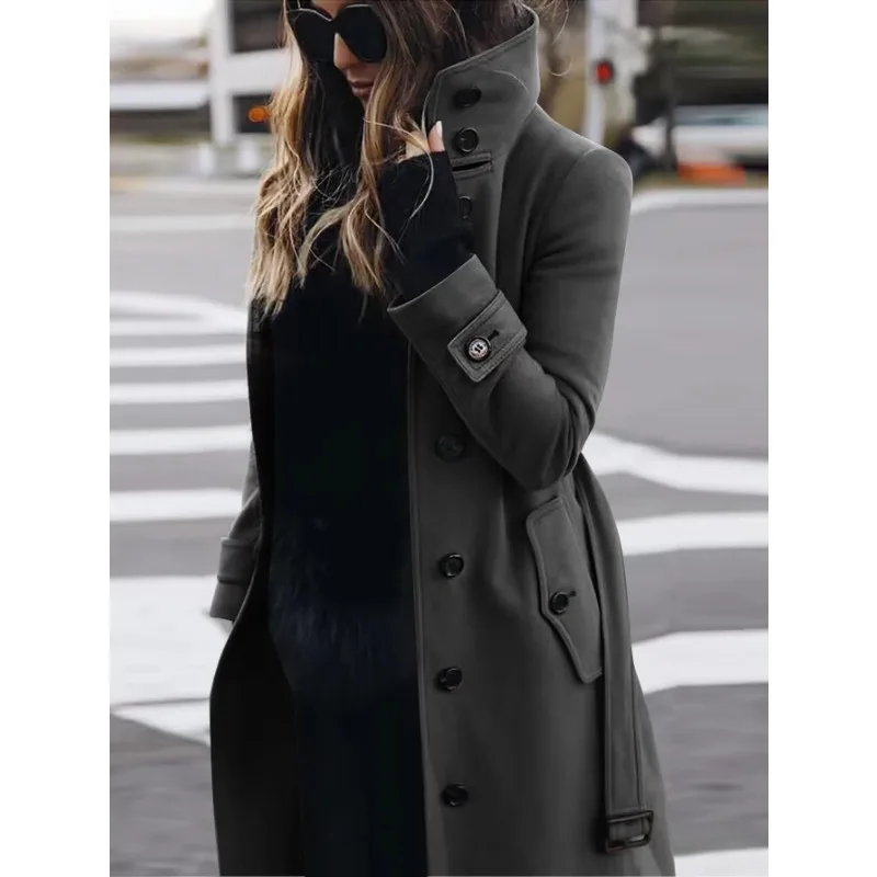 

Autumn Winter New Woolen Coat Women's Slim Fit Cardigan Large Coat Women Long Sleeve Single Breasted Stand Collar Woolen Coat