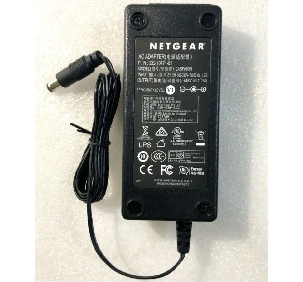 Genuine NETGEAR 48V 1.25A 60W AC DC Adapter Charger NU60-F480125L1NN For NETGEAR Gs110tp 305p 108pe Switch POE Charger