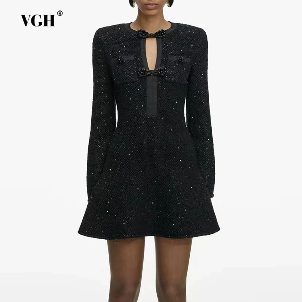 

VGH Elegant Hollow Out Slimming Dresses For Women Round Neck Long Sleeve High Waist Spliced Bowknot Cute Dress Female Fashion