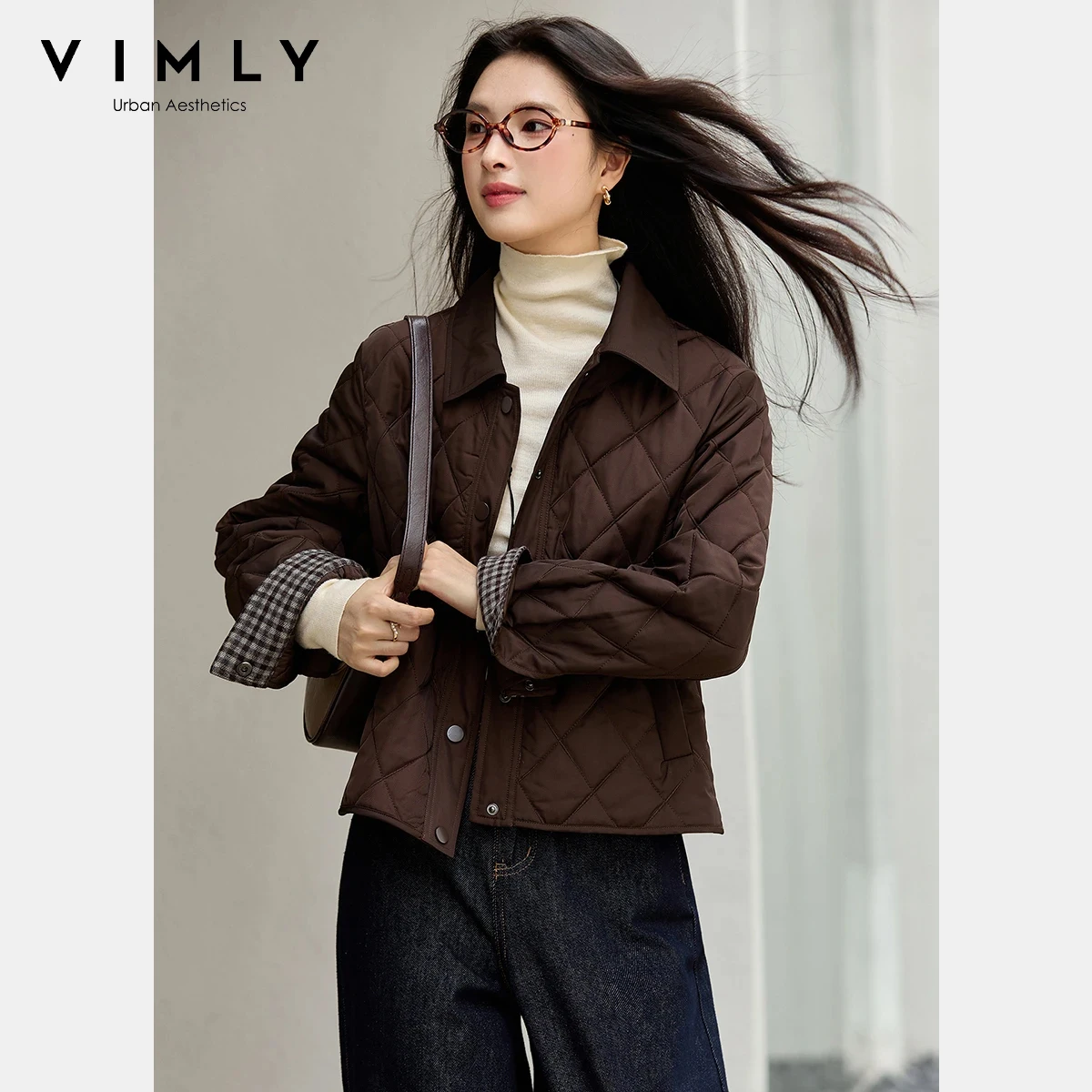 

VIMLY женский винтажный стеганый пуховик с бриллиантами, зима 202, большие парки с воротником-поло, клетчатая женская верхняя одежда с манжетами A2796
