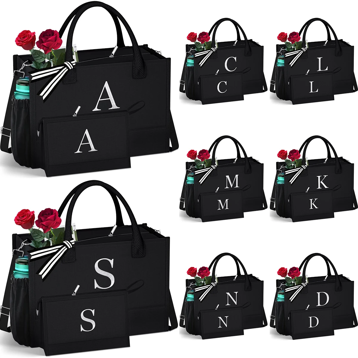 Lettered Embroidered Canvas Tote Bag Set Large Waterproof Shoulder Shopping Bag