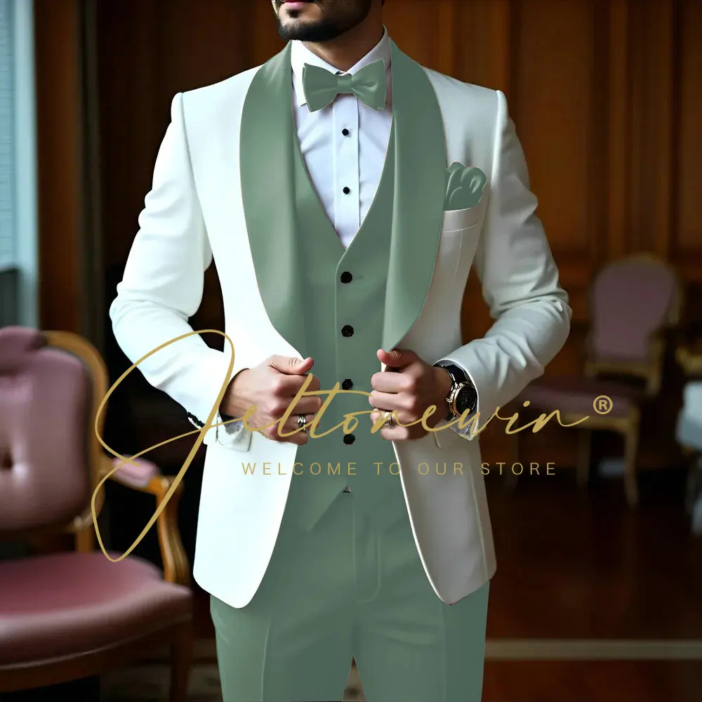 Trajes blancos De 3 piezas para Hombre, chal ajustado con solapa, ropa Formal para padrino De boda, conjuntos con americana, esmoquin para fiesta, Trajes De Hombre