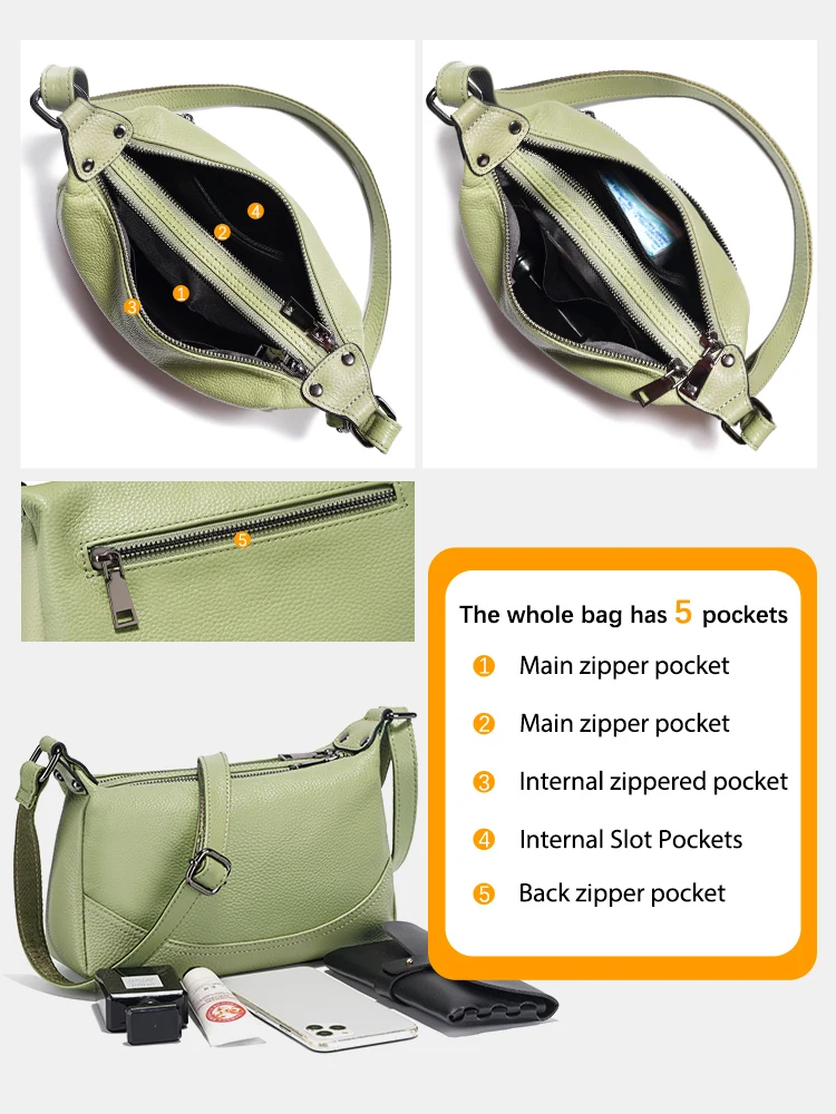 Zency Ladies Shoulder Crossbody Cowhide Leather Hobo Bag for Women Soft Satchels Bag Medium For Commuters Bolsas de Mujer New