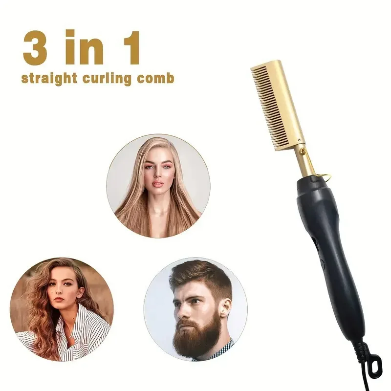 2‑in‑1 Electric Heating Hair Straightener Brush Portable Hot Comb Flat Iron Curler Anti‑Scald Styling Tool for Home Travel Use