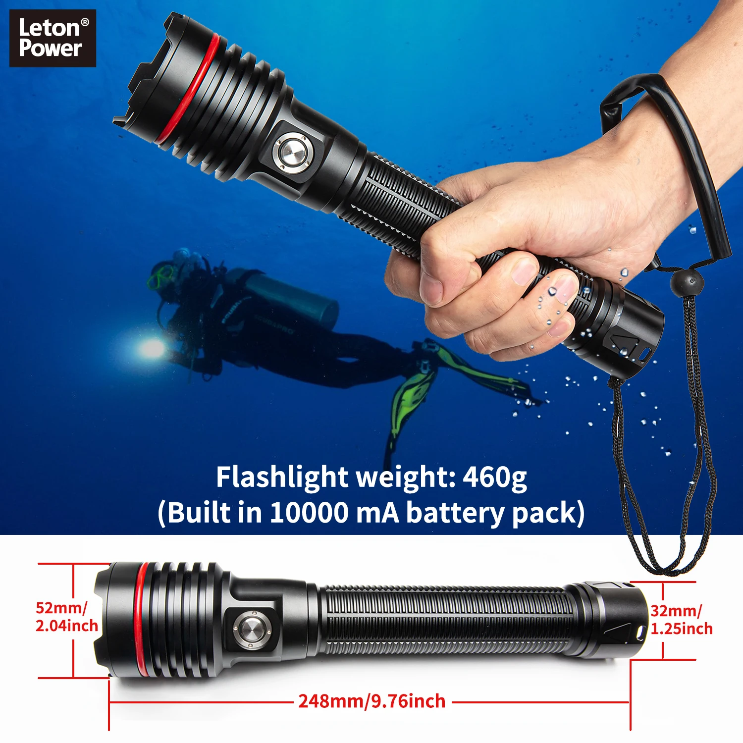 Diving Flashlight,LetonPower Submariner-26S 5000Lumens Dive Light,100m Waterproof,Dive Lights Scuba Diving,with Type-C Charging