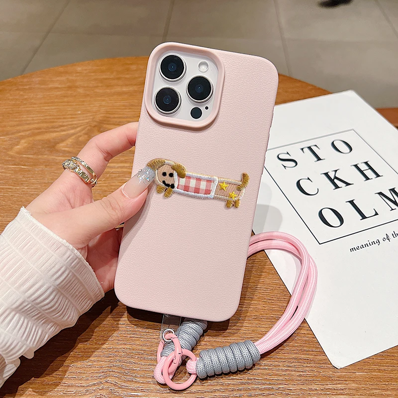 Korean Cute 3D Cartoon Embroidery Dog Lanyard Rope Case For iPhone 16 15 14 13 12 11 Pro Max Plus X XS XR Litchi Leather Cover