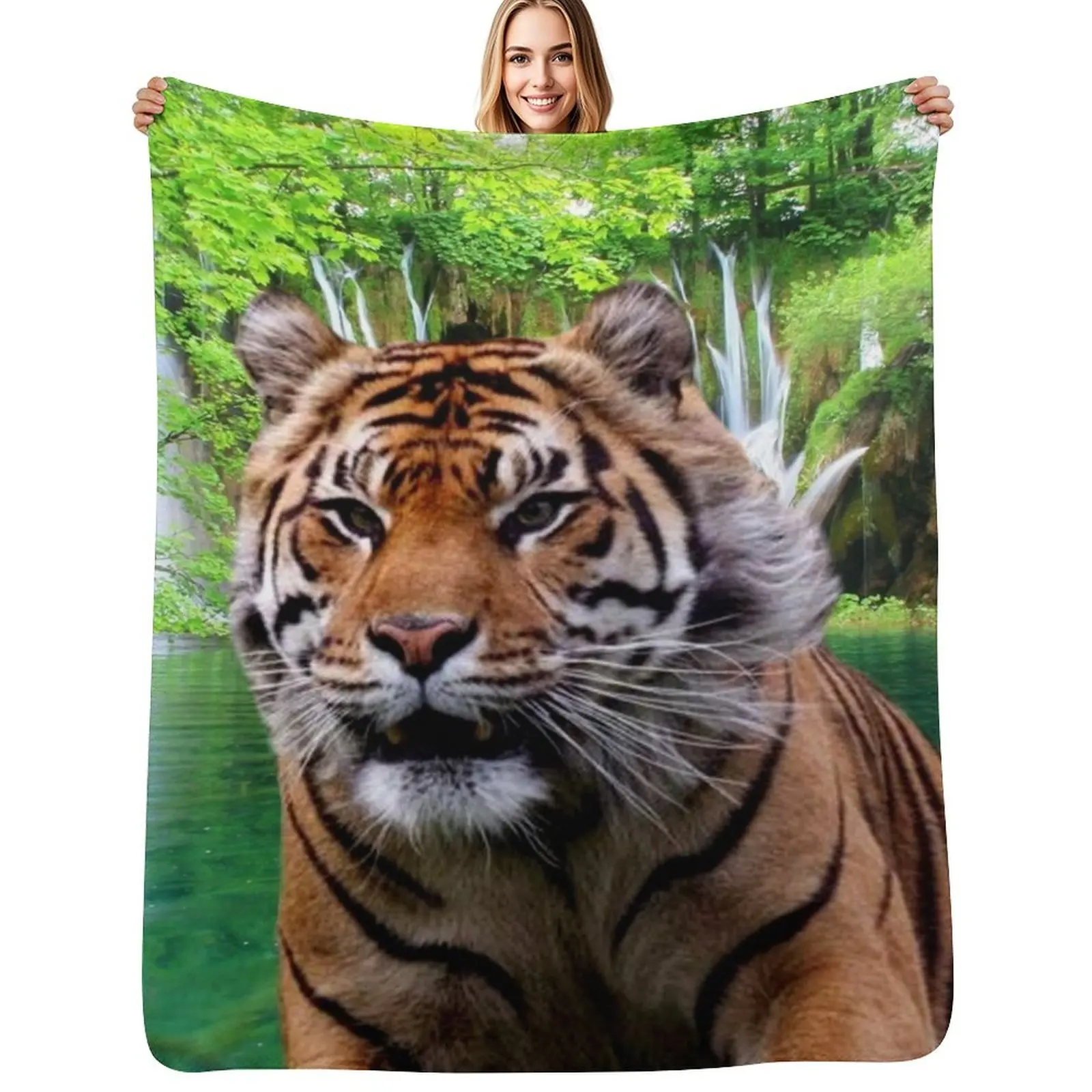 

Tiger and Waterfall Throw Blanket Easy Care Comfortable Blanket for Couch