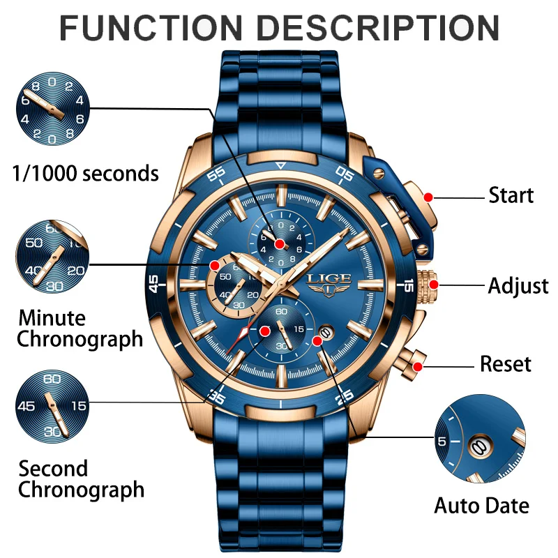 LIGE Men\'s Watch Blue Dial Stainless Steel Band Date Mens Business Male Watches Waterproof Luxuries Men Wrist Watches for Men