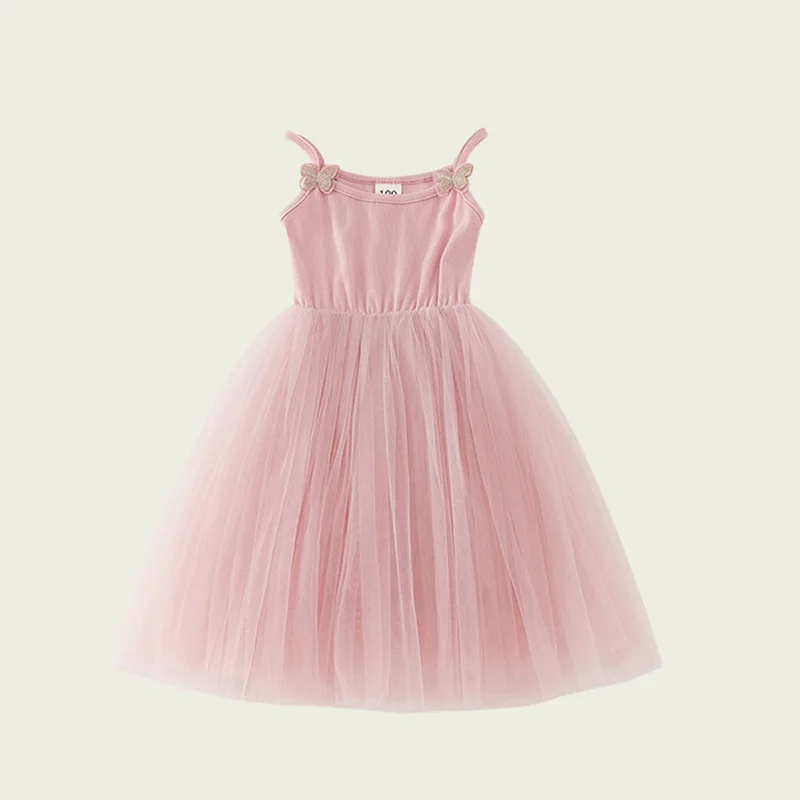 

Kid Girl Enchanting Knit and Tulle Dress Spaghetti Straps Adorned with Flowers Fluffy Tulle Skirt for Children Elegant Wear