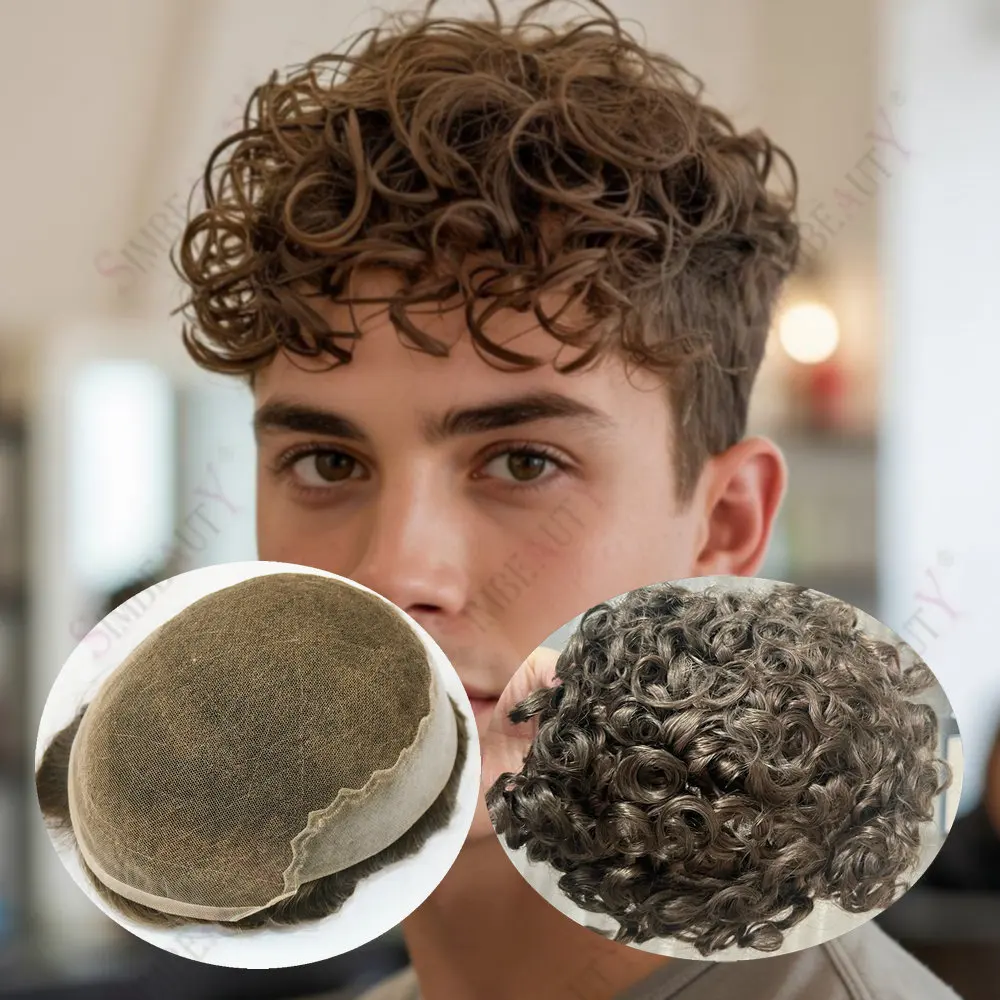 Men's26mm Curly Toupee Bleached Knots Natural Hairline Virgin Human Hair Ash Blonde Grey Durable Q6Base Lace Front&PU Prosthesis