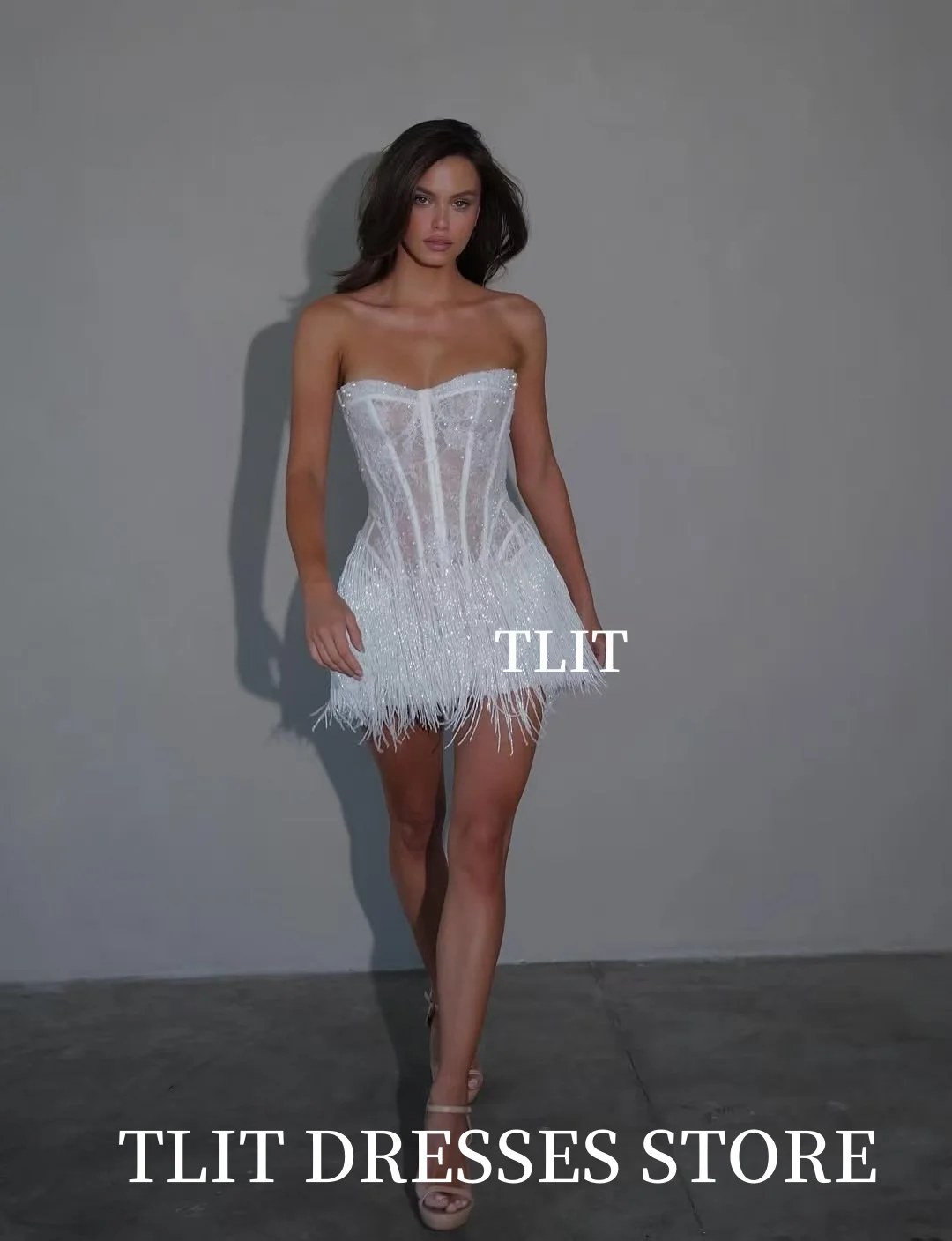 TLIT elegante vestido de noche corto de encaje árabe mujeres perlas brillantes vestidos de novia plumas personalizadas bata de velada